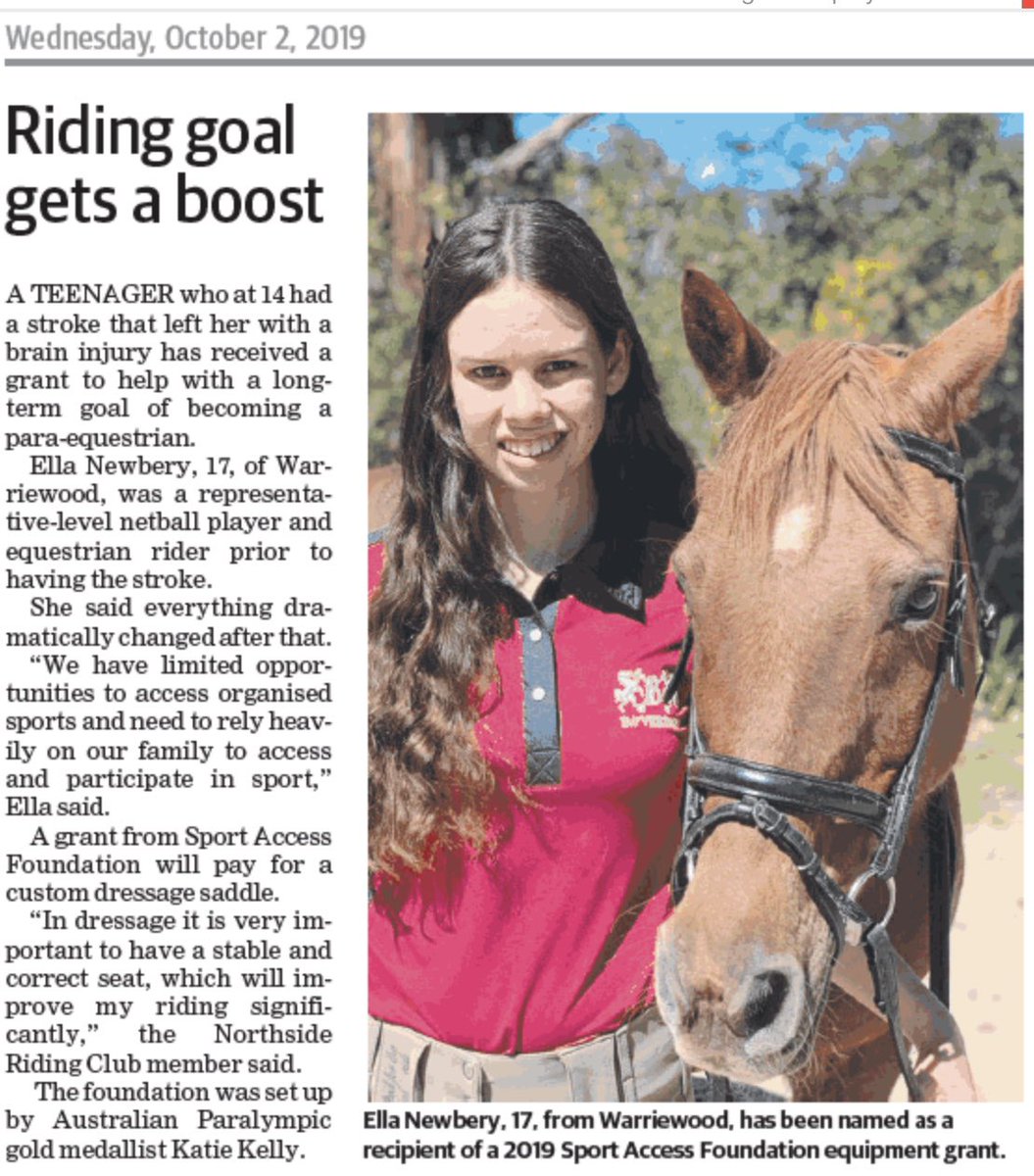 “We have limited opportunities to access organised sport and this (Sport Access Foundation $2,000) grant will go a long way helping me to do equestrian.' Ella Newbery, 17 years, Warriewood, NSW.

#parasport #paraequestrian #paralympics