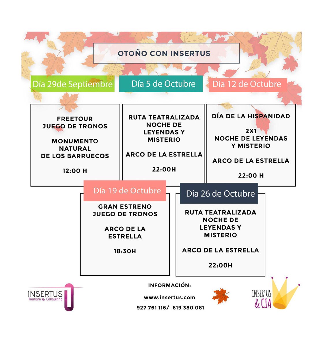 INSERTUSSL's tweet photo. ⚠️Os presentamos nuestro calenario de OTOÑO. ⚠️

Con nuestras fechas y actividades más destacadas. 🗓

¡¡Pide más información y pregunta nuestros precios especiales para grupos!!🍁🍂 https://t.co/txwfLFlNOK