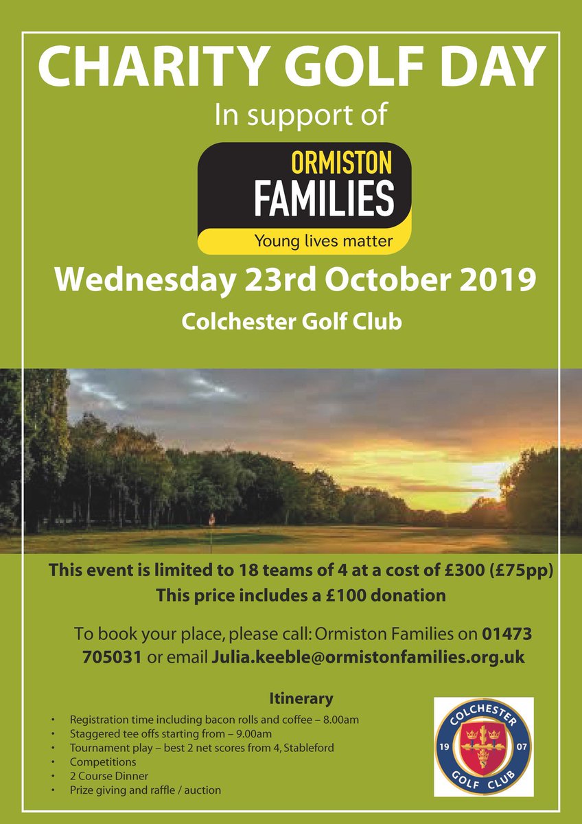 We're hosting a #Charity Golf Day at 
<a href="/ColchesterGC/">Colchester Golf Club</a> on 23rd October and are looking for several sponsors; it's a great opportunity to get your brand in front of local businesses. So email: julia.keeble@ormistonfamilies.org.uk.uk or call 01473 705031 today #golfers #charitygolf