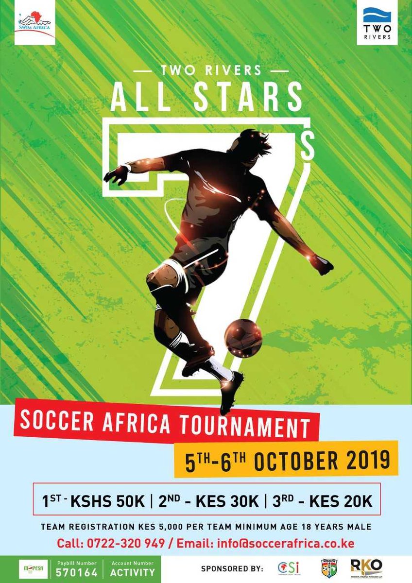 TwoRivers_KE's tweet image. This weekend, we're hosting our very first 7 a side football tournament with grand prizes amounting to KES 100,000! 

Register your team at info@soccerafrica.co.ke or call 0722320949. Interested vendors, text 0720542294. #TwoMuchFun #WednesdayThoughts 😊⚽️⚽️🏆