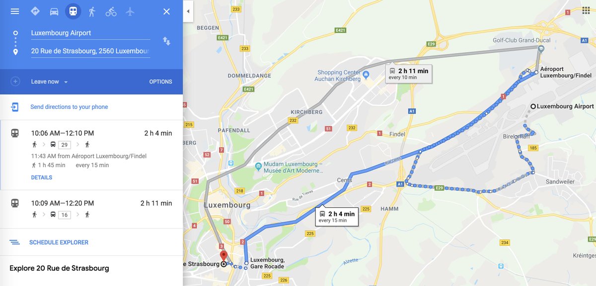 apotam's tweet photo. AI without common sense can get embarrassing pretty quickly - major fail from #google on #googlemaps suggesting you should walk through the landing strip at Luxembourg airpot and around the airport to pick up the airport bus 😎 https://t.co/kHnuywWWsp