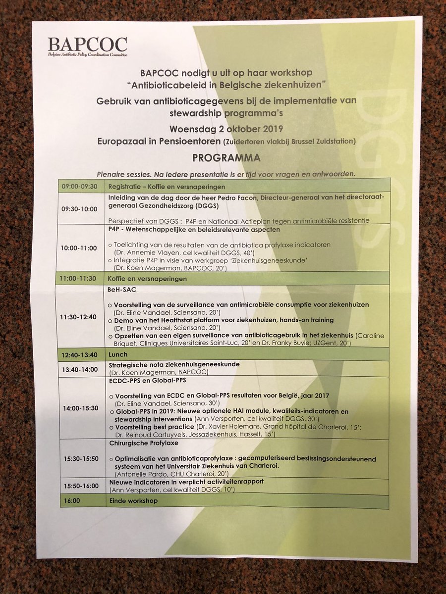 PedroFacon's tweet photo. Vanochtend de gezamenlijke workshop van @be_gezondheid, @sciensano en #Bapcoc gelanceerd over het antibioticabeleid in de Belgische ziekenhuizen en het belang van stewardship programma’s. We blikken met het werkveld vooruit op de uitdagingen voor de komende jaren. Let’s do it! https://t.co/diZYhziSvX