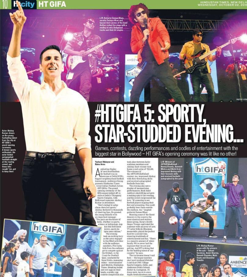 ASTITVA gets featured with the super amazing Mr. <a href="/akshaykumar/">Akshay Kumar</a> in todays HT City , delhi. Page 10. 🤘. For <a href="/hindustantimes/">Hindustan Times</a> <a href="/htcity/">HT City</a> <a href="/htgifa/">HT GIFA</a> 🤘Much love to <a href="/nainaarora85/">NAINA</a> &amp; <a href="/yashasvi96/">yashasvi</a> for an amazing article🤘. #footballers #FootballFever #fifa #footballfans #HindustanTimes #htgifa