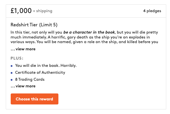 unboundsocials's tweet photo. This is not a drill: there is ONE 'Redshirt' pledge level still available for #TheParadoxParadox by @DanNerdCubed.

Pledge the princely sum of £1000 and you will die, horribly, in the book. Go on, treat yourself!

#UnboundProjectOfTheWeek

Here it is: https://t.co/r67jkdjr4q https://t.co/4KPp5Rbxow