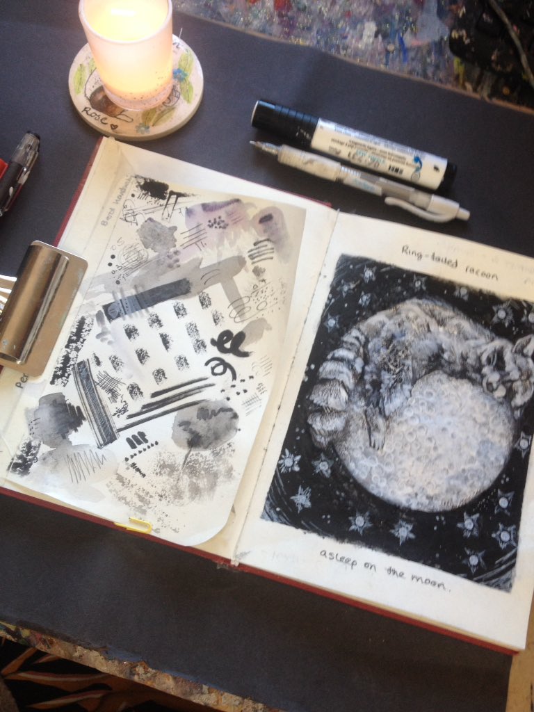 mroseartstudio's tweet photo. Yesterday's inktober drawing a ring tailed raccoon asleep on the moon... Day 1 complete #inktober #Inktober2019 #day1 https://t.co/IyJizifL3X