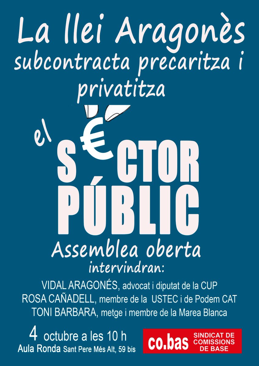CobasEdu's tweet photo. Divendres 4 d'octubre @cobas_ organitza una assemblea oberta formativa per saber què ens depara la #LleiAragonès. Pararem aquesta gran privatització! ✊🏽
Instruïu-vos i sereu forts, associeu-vos i sereu lliures! https://t.co/PJL3TcMAnj