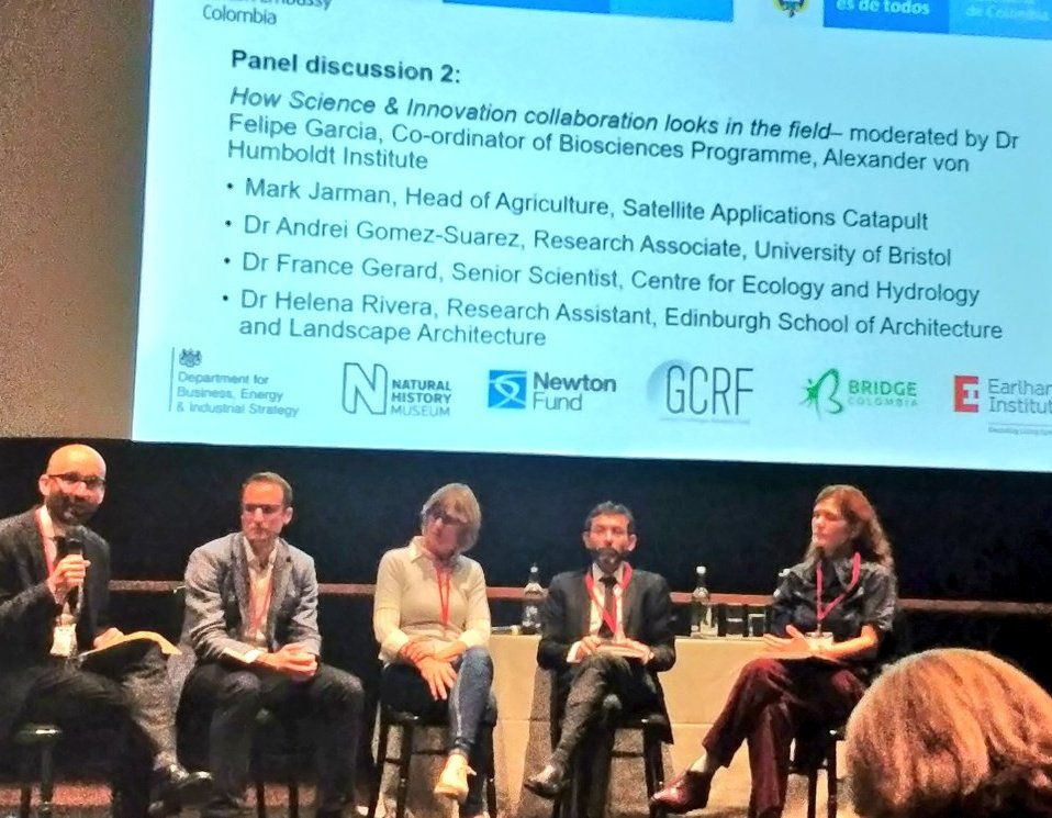 Cascade21's tweet photo. The second panel outlines a diverse set of scientific research goals (landslide, microclimates, cacao farming, digital infrastructure) working across Colombia - Santander, Medellín, various Paramos. #DoingScienceWithColombia https://t.co/KkVggfxCMm