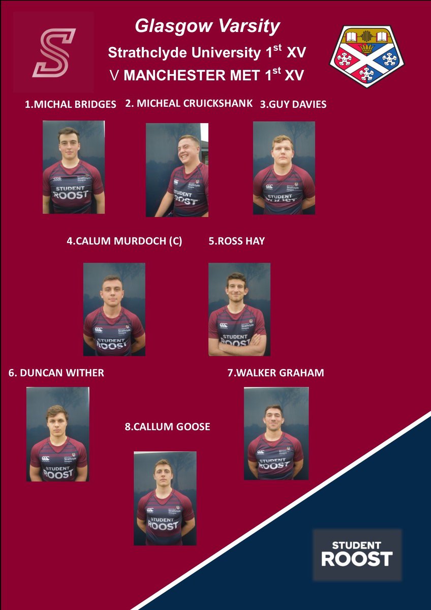 StrathRugby's tweet photo. BUCS is back!
1st XV looking to build on their varsity win with a trip to Manchester. A few changes with some young talent looking to do damage south of the border.
3rd XV having their 1st run out of the year against UWS.
#BUCSBABY #STUDENTROOST https://t.co/PshWaTqSss