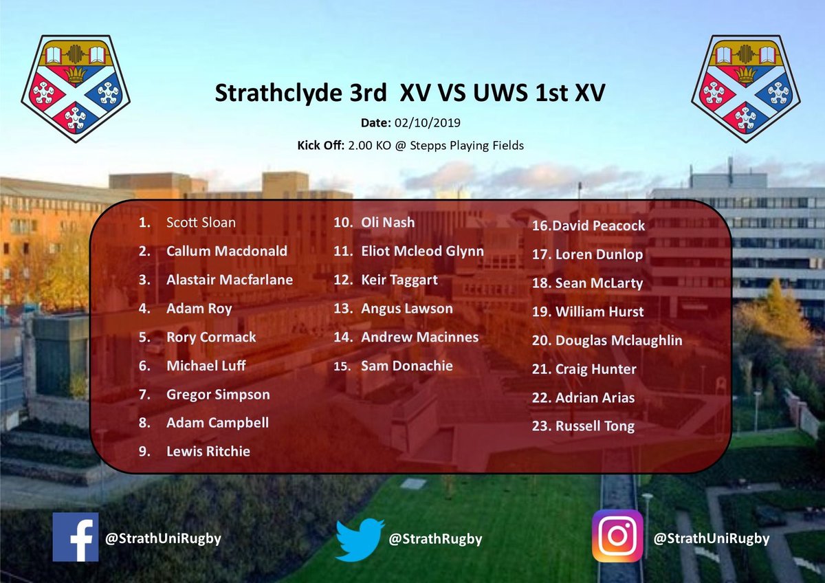 StrathRugby's tweet photo. BUCS is back!
1st XV looking to build on their varsity win with a trip to Manchester. A few changes with some young talent looking to do damage south of the border.
3rd XV having their 1st run out of the year against UWS.
#BUCSBABY #STUDENTROOST https://t.co/PshWaTqSss