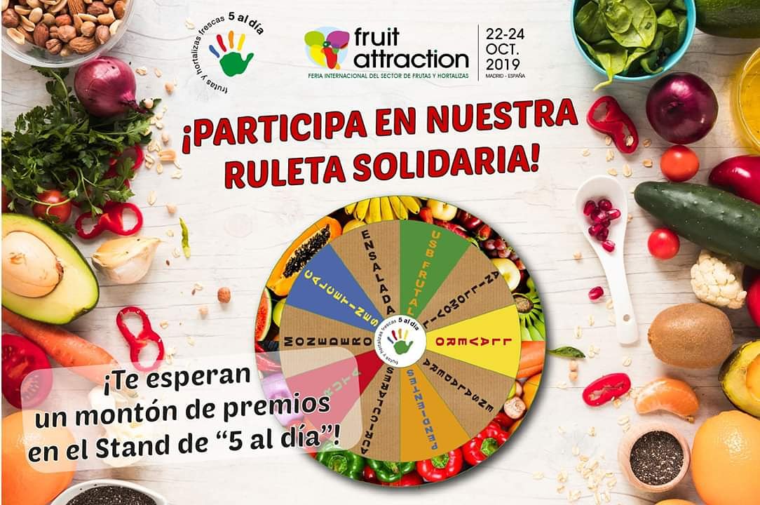 5aldiaspain's tweet photo. Te esperamos en @FruitAttraction en el pabellón 5 stand 5E03 para participar en nuestra #RuletaSolidaria5aldía 🖐 Gira la #ruleta y con tu #donación conseguirás que los niños del Hospital Niño Jesús reciban sus #relagos 🎁 en la esperada #nochedereyes 👧👦 #Almenos5aldía 🖐 https://t.co/Zh9UAdhlGe