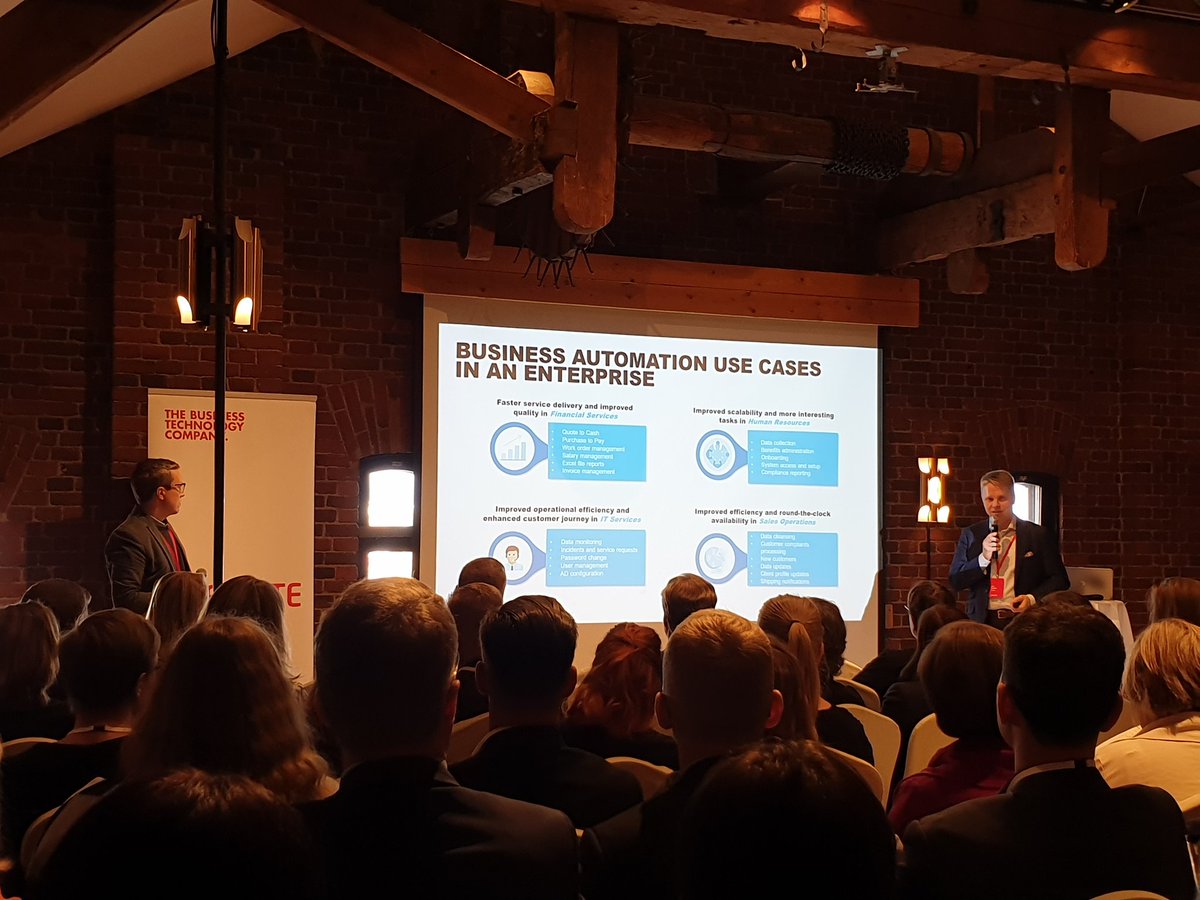 MirvaSainiemi's tweet photo. @jussivuokko and @jmkujala in action talking about #businessautomation use cases in our annual @Sofigate Services #customerday!👌#servicemanagement #businesstechnology #sofigate #sofigateatwork https://t.co/FCCtwWzgru