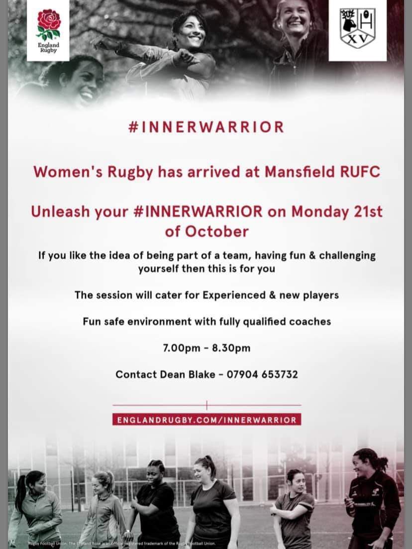 MansfieldRugby's tweet photo. On the back of our very 1st and very successful #InnerWarrior training session we are pleased to announce our 2nd training date - Monday 21st Oct. We hope that those that attended the session last week &amp; new players will join us. Any retweet’s would be appreciated #Women #Rugby https://t.co/bW6OrzU017