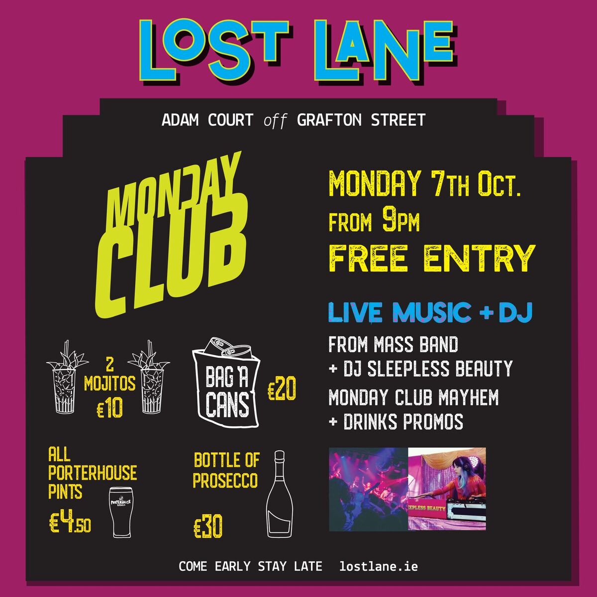 With <a href="/THEMASSBAND/">MASS</a> kicking out the jams to DJ Sleepless Beauty spinning some tunes, this weeks Monday Club will be where it's at! No admission fee and a whole load of drinks promos, it's gonna be one hell of a party!