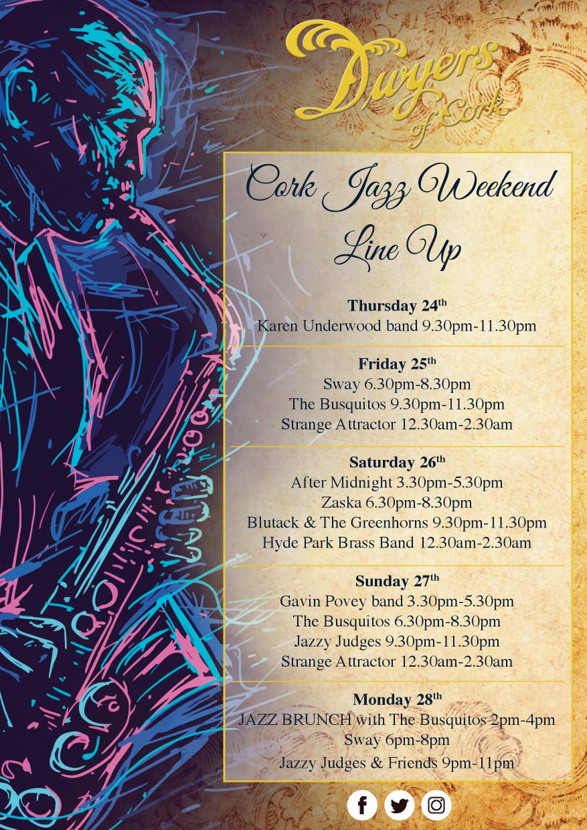 DwyersOfCork's tweet photo. Bursting with excitement for our 1st Jazz and what a line up we have in store for you 👇🎷🎺Will you be joining us? #guinnesscorkjazz #purecork #jazzlineup https://t.co/EwyvwN1FYW
