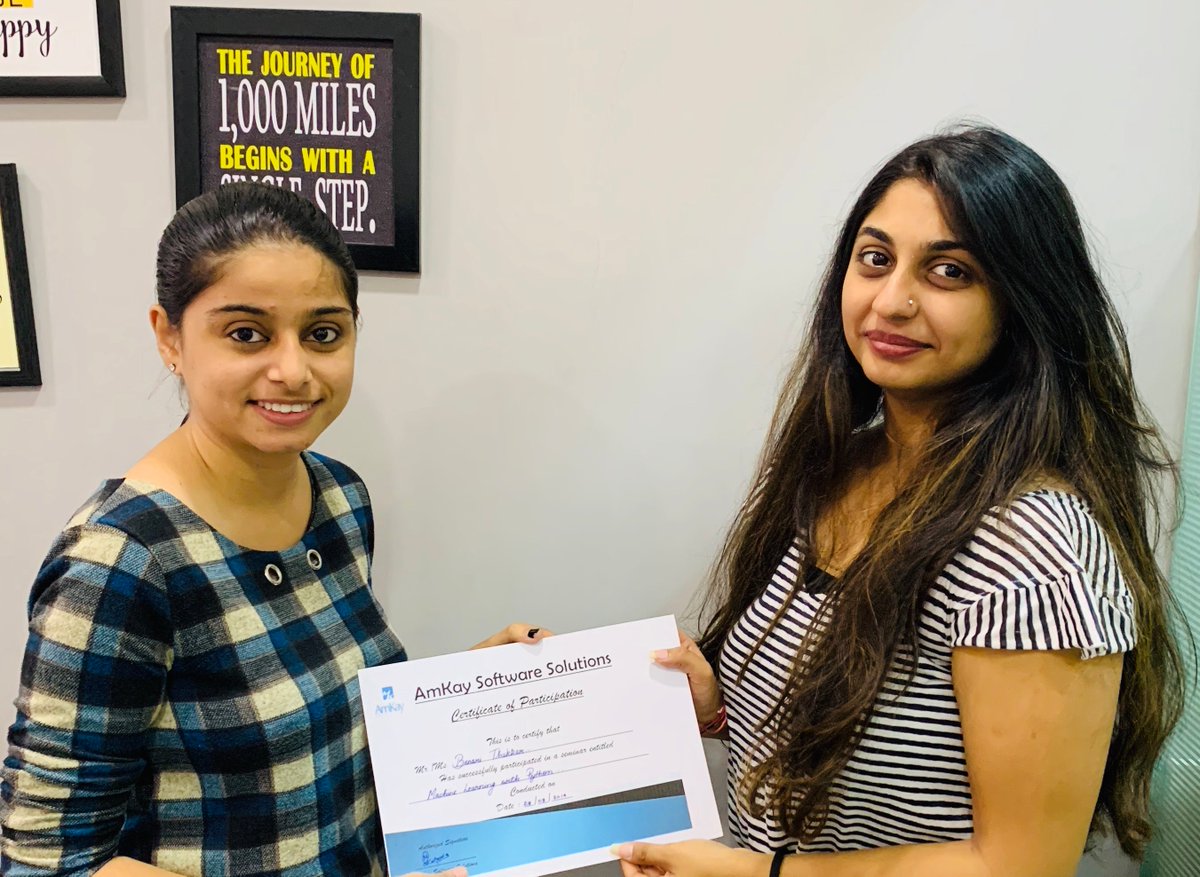 AmkaySoftware's tweet image. Congratulations.! Bansari Thakkar For Completing
Machine Learning With Python Workshop at
Amkay Software Solution
#python #pythonwithdatascience #ittraininginstitute #andriod #softwaredevelopmentwithjava #phptraining
#computertraininginstitute #coraldraw #photoshop