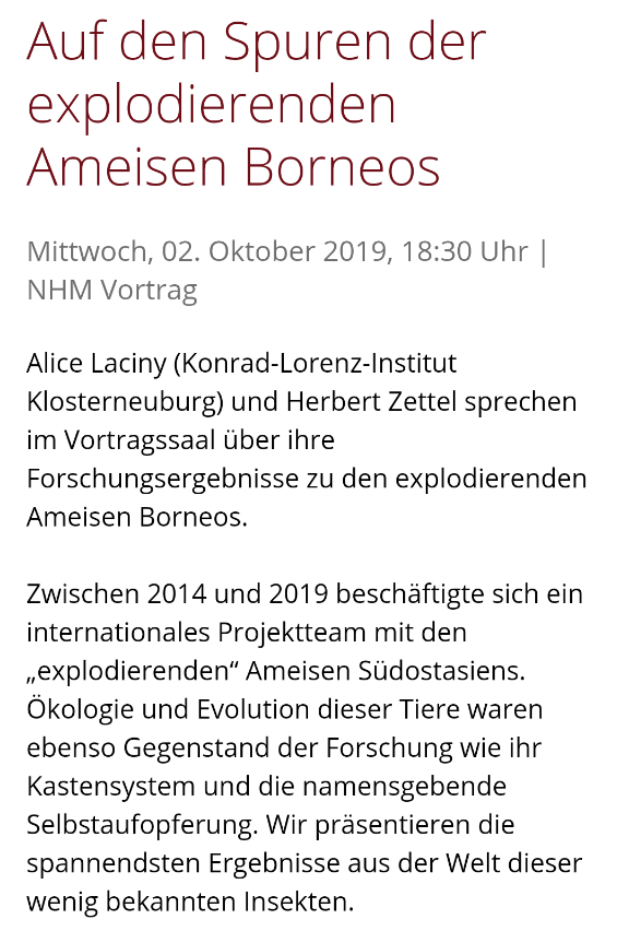 KLIAustria's tweet photo. Today @NHM_Wien 18:30: KLI fellow @AliceLaciny and Herbert Zettel (NHM) will talk about the self-sacrificing exploding ants in Southeast Asia (in German, free admission with a museum ticket) https://t.co/EjViMZ9Jnh
