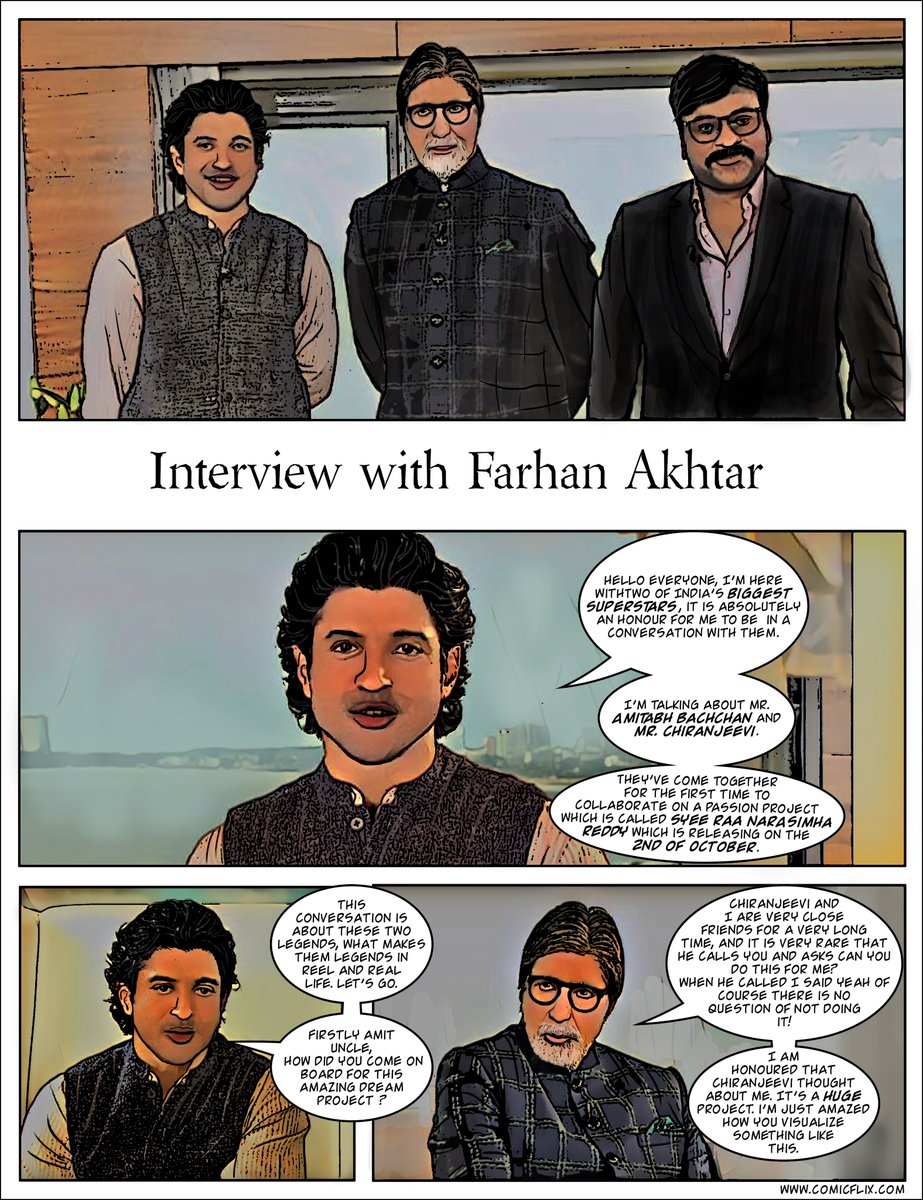 ComicFlix's tweet photo. Two legends on one screen #Chiranjeevi garu &amp; #AmitabhBachchan ji. 

Watch their discussion with @FarOutAkhtar in comic format.

Our best wishes to  #SyeraaNarasimhaReddy. 
#Comicflix #movietocomic @DirSurender @ssrajamouli @PawanKalyan @KicchaSudeep 

https://t.co/YI7Ttz2vny https://t.co/Tg5fsYFNye