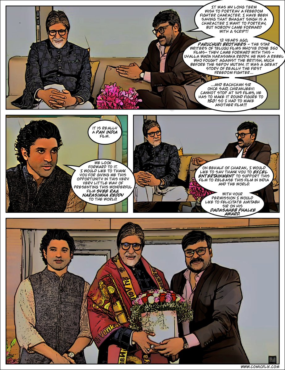 ComicFlix's tweet photo. Two legends on one screen #Chiranjeevi garu &amp; #AmitabhBachchan ji. 

Watch their discussion with @FarOutAkhtar in comic format.

Our best wishes to  #SyeraaNarasimhaReddy. 
#Comicflix #movietocomic @DirSurender @ssrajamouli @PawanKalyan @KicchaSudeep 

https://t.co/YI7Ttz2vny https://t.co/Tg5fsYFNye