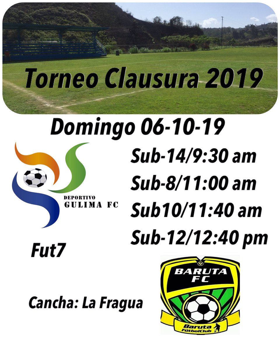 GulimaFC's tweet photo. Primer juego en la Copa Clausura 2019⚽️
Domingo 06-10-19
D.Gulima vs Baruta FC
#torneoclausura2019 #gulimasiemprepresente #fut7 #ligaasociación #ligadistrital #futbolcampo #lafragua #barutafc https://t.co/OEbwTac56b