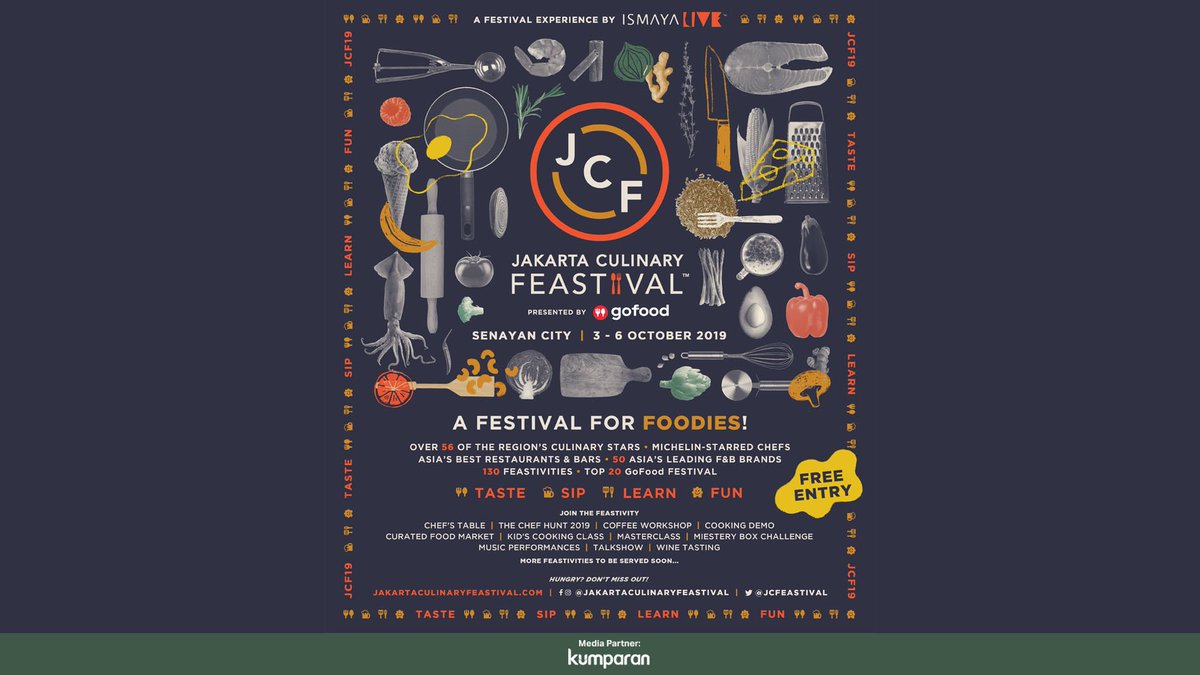kumparan's tweet photo. Jakarta Culinary Feastival pada 3-6 Oktober 2019 di Senayan City, #JCF19 akan menampilkan lebih dari 80 tenant makanan, minuman, dan bisnis-bisnis yang berkaitan dengan dunia kuliner serta bintang-bintang kuliner mancanegara dan Indonesia. Info: https://t.co/KiVt3kZIRA. https://t.co/2ppReKBr8h
