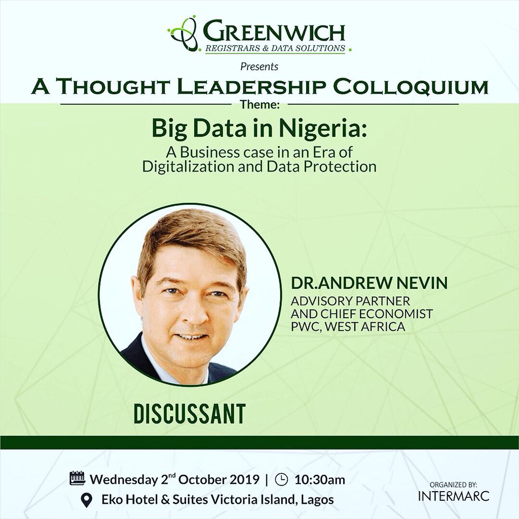 nevinomics's tweet photo. I'll be on the panel session at the Greenwhich Trust Colloquium. I will be sharing ideas, expertise and recommendations to help you learn, unlearn and relearn valuable information about "Big Data" for your field of business. @PwC_Nigeria
#TechInfused #BigData #GRDSColloquium https://t.co/GI4jqMiTJH