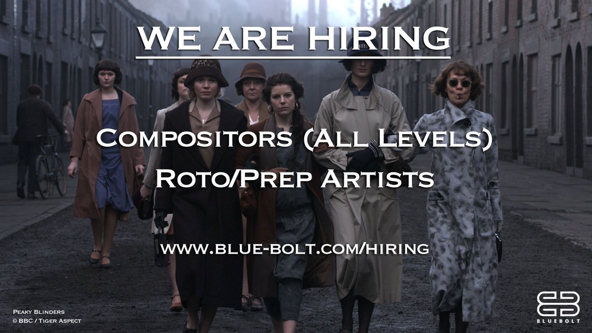 BlueBolt is hiring! Applications are open for all levels of compositors and roto/prep artists to join our growing #VFX team. Please visit blue-bolt.com/hiring for more info on these roles and to apply.