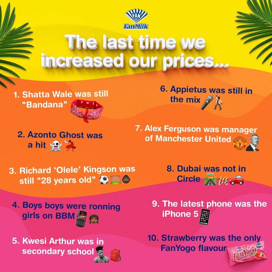 TheIsraelLaryea's tweet photo. FanYogo Ghana announced an increase in their prices and their customers are alarmed. So they responded with this creative to remind them, the last time they reviewed their prices was seven years ago.
Corporate communications doesn't have to be regimented.
#CreativityInspires https://t.co/JCjujTo4DK