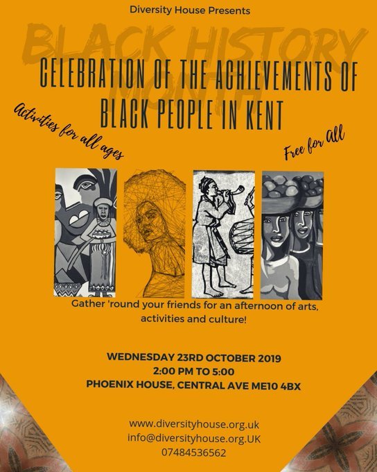To celebrate Black History Month we are holding a FREE EVENT 23/10/19. 2pm-5pm. All welcome to enjoy the celebration of achievements of black culture in Kent.
PHOENIX HOUSE. ME10 4BX. 
Please share. 
<a href="/SwaleCouncil/">SwaleBoroughCouncil</a>  #Sittingbourne #BlackHistoryMonth #PhoenixHouse