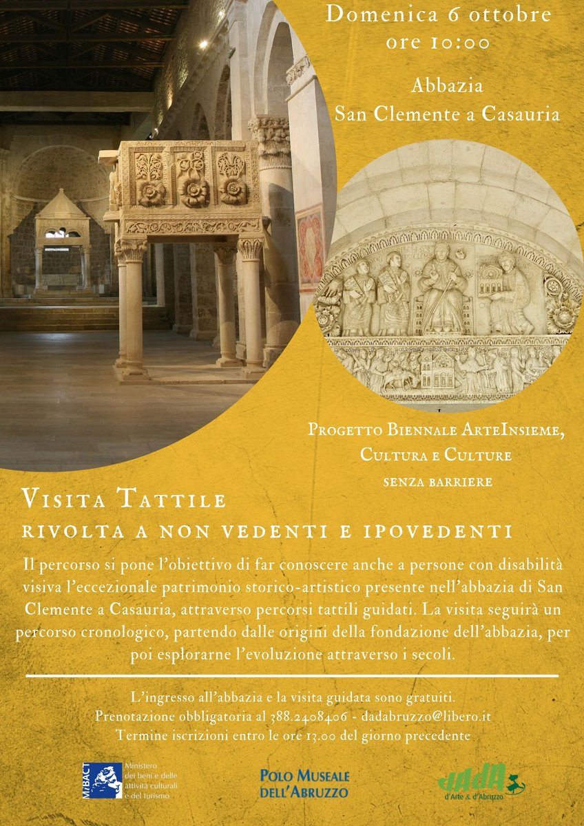 DRMAbruzzo's tweet photo. Domenica #6ottobre, ore 10:00. VISITA TATTILE PER NON VEDENTI E IPOVEDENTI presso l'#AbbaziaDiSanClementeACasauria! Anche i visitatori con disabilità visiva potranno finalmente godere del nostro meraviglioso patrimonio culturale! A cura di @DADAbruzzo. Passateparola!!! https://t.co/jdkgMJqcmz