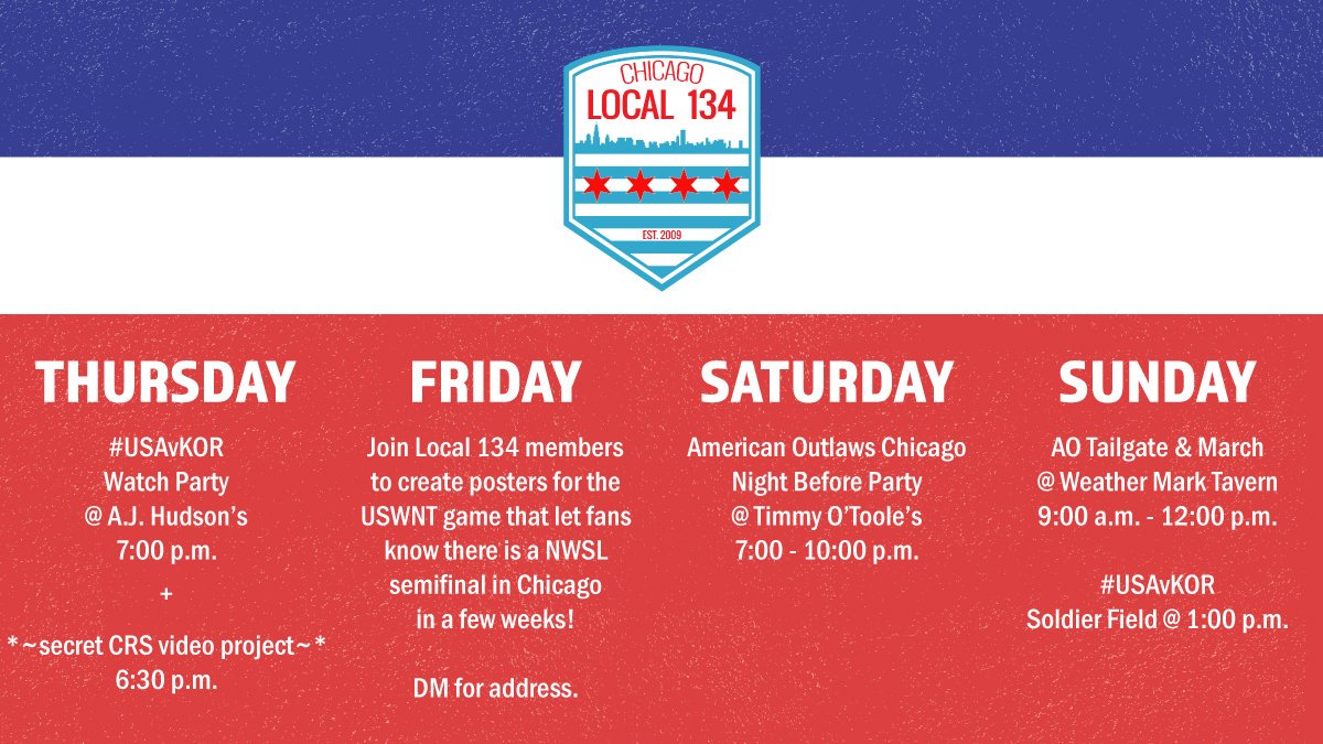 ChicagoLocal134's tweet photo. Folks, it's almost #USWNT Victory Tour weekend and we have tons of things planned with our pals at @AO_Chicago! 

Wear your Red Stars gear and tell EVERYONE you see about the 10/20 semifinal! #mkot

Questions? Ask away! https://t.co/B3MYiiR87u