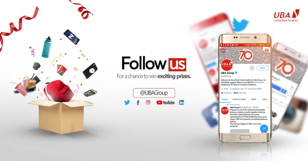 UBAGroup's tweet photo. Don't miss out on our giveaways- we are giving out FREE #UBACards pre-loaded with CASH, movie tickets, airtime, data, water bottles, pop sockets, and other exciting gifts weekly... FOLLOW us today for a chance to win. #UBAAt70 https://t.co/gJS0GQuWiz