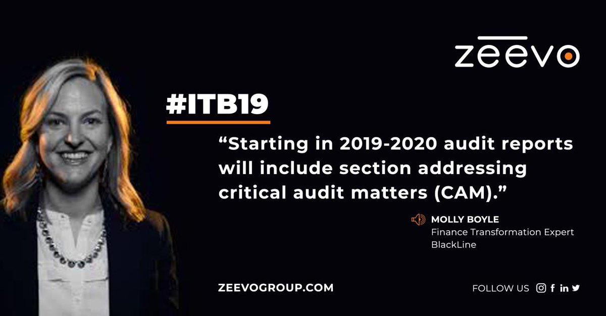 zeevoconsulting's tweet photo. “Starting in 2019-2020 audit reports will include a section addressing critical audit matters,” contended Finance Transformation Expert Molly Boyle at @BlackLine's 2019 #InTheBlack. 
#ITB19 #knowledgesharing #zeevogroup https://t.co/xA5rIqLsEr