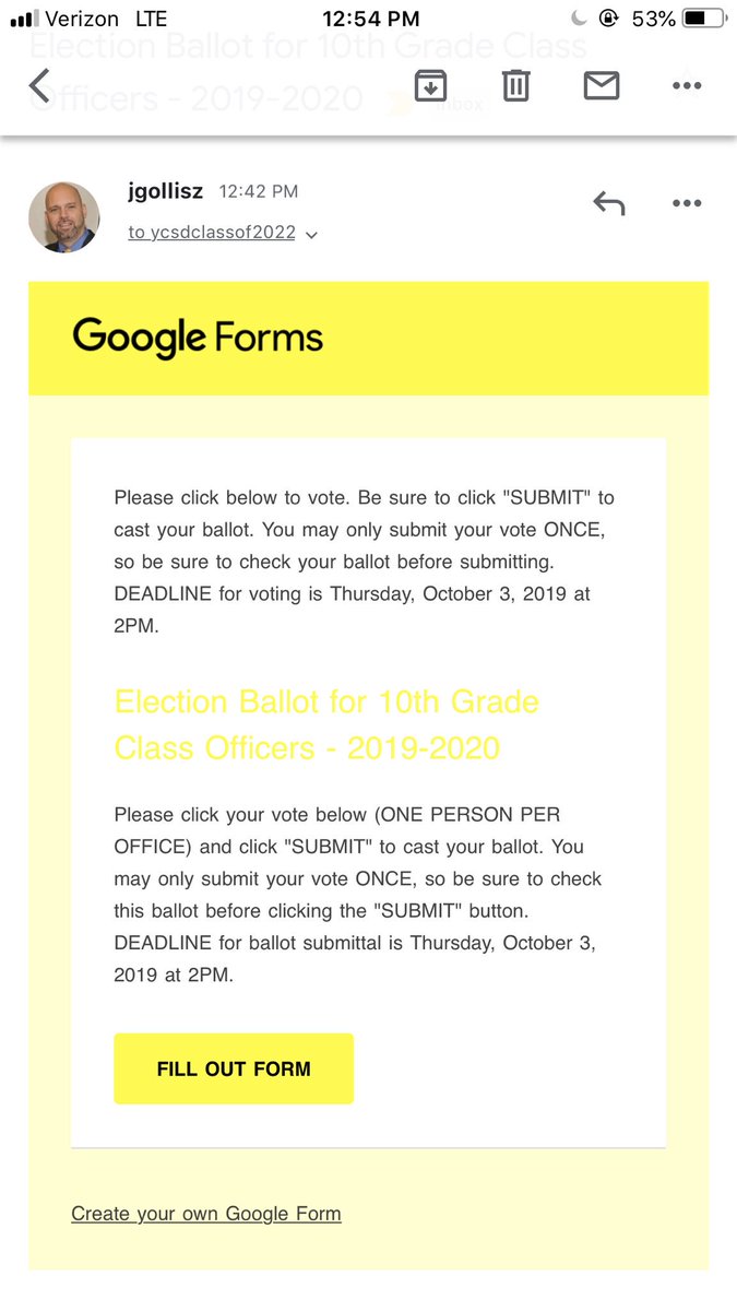 The ballot is now open!! It is sent to your Yorktown email. Send your votes in now!! Voting ends tomorrow at 2pm.