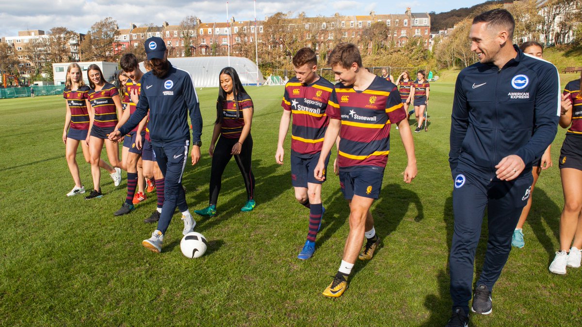 BHAFC's tweet photo. 🙌 Bruno and Andrew Crofts visited @BrightonCollege today, to lend support to the latest initiative at the independent school to tackle homophobia in sport.
#BHAFC 🔵⚪️ https://t.co/Wgx1dnbulP