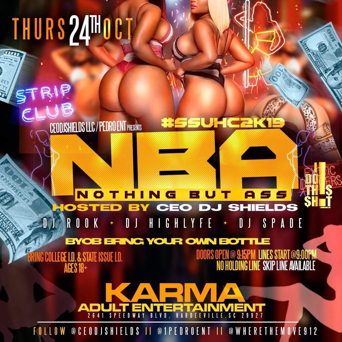 Ceodjshields's tweet photo. #SSUHC2k19 #SSU
π10.24 - #NBABash 18+ ππ―ββοΈ @Karma Ent (Strip Club)
π10.25 - Models & Bottles #AllBlackAffair (@SaucySantana_ ) β οΈ @ 1308
π10.26- #LITOLOGY @ ISLAND BREEZE π΄ LADIES π TICKETS ONLINE
Tickets ππ½ https://t.co/SrShxC5UGa ππ½
#SSU23 #SSU22 #SSU21 #SSU20 https://t.co/yZPKEAhoEe