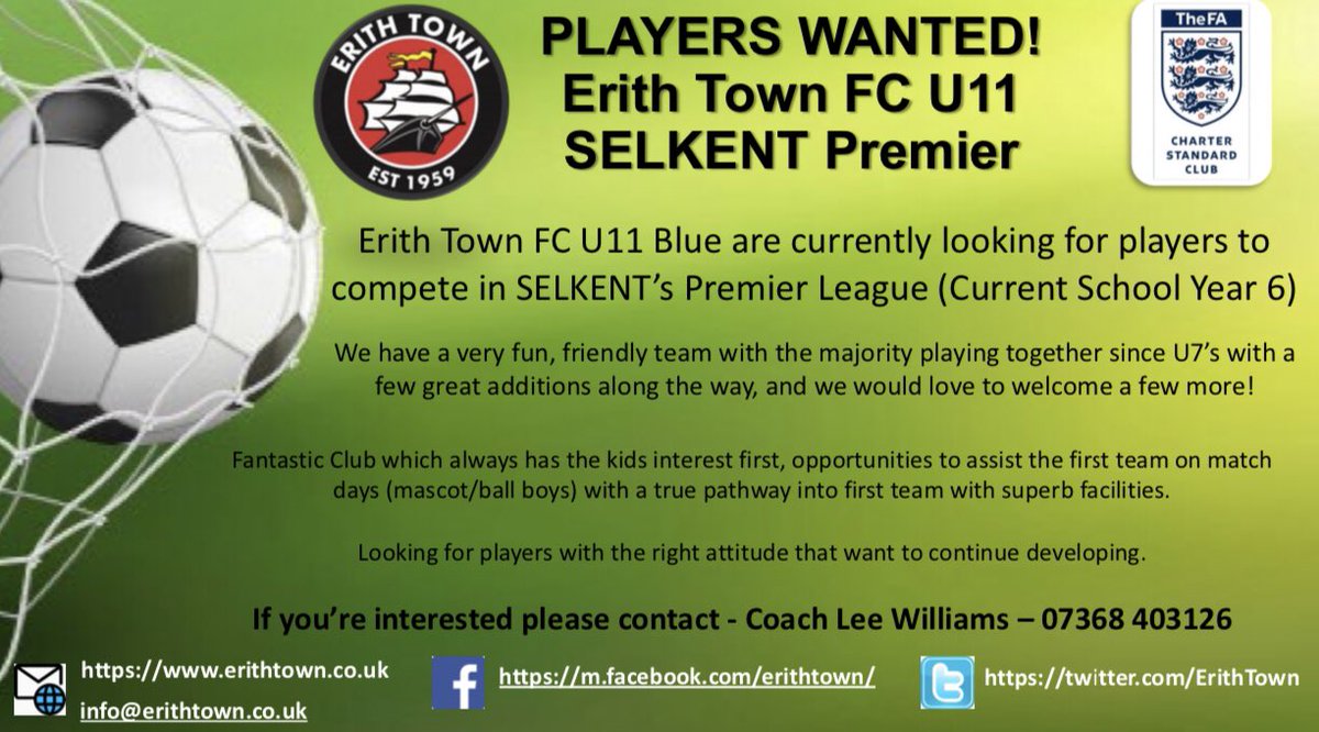 PLAYERS WANTED | Our U11s Blue are looking for players for their Selkent Premier squad. Contact: Coach Lee Williams on 07368 403126 #UpTheDockers #WeAreErith