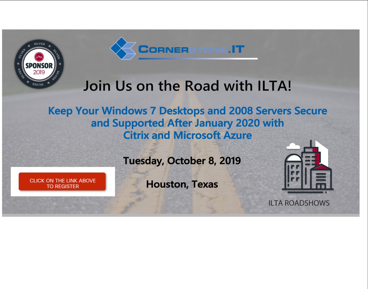 CStone_IT's tweet image. #ILTARoadshow first stop, Houston! This presentation includes all you need to know #WindowsVirtualDesktops #Security Register Now! #ILTANET #LegalTech bit.ly/2kYqEht