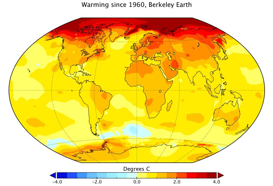 hausfath's tweet photo. The world as a whole has warmed by 0.9C just since 1960, with some parts of the Arctic warming by more than 4C. Here is a map of warming between January 1960 and August 2019: https://t.co/npJrw5TIeb