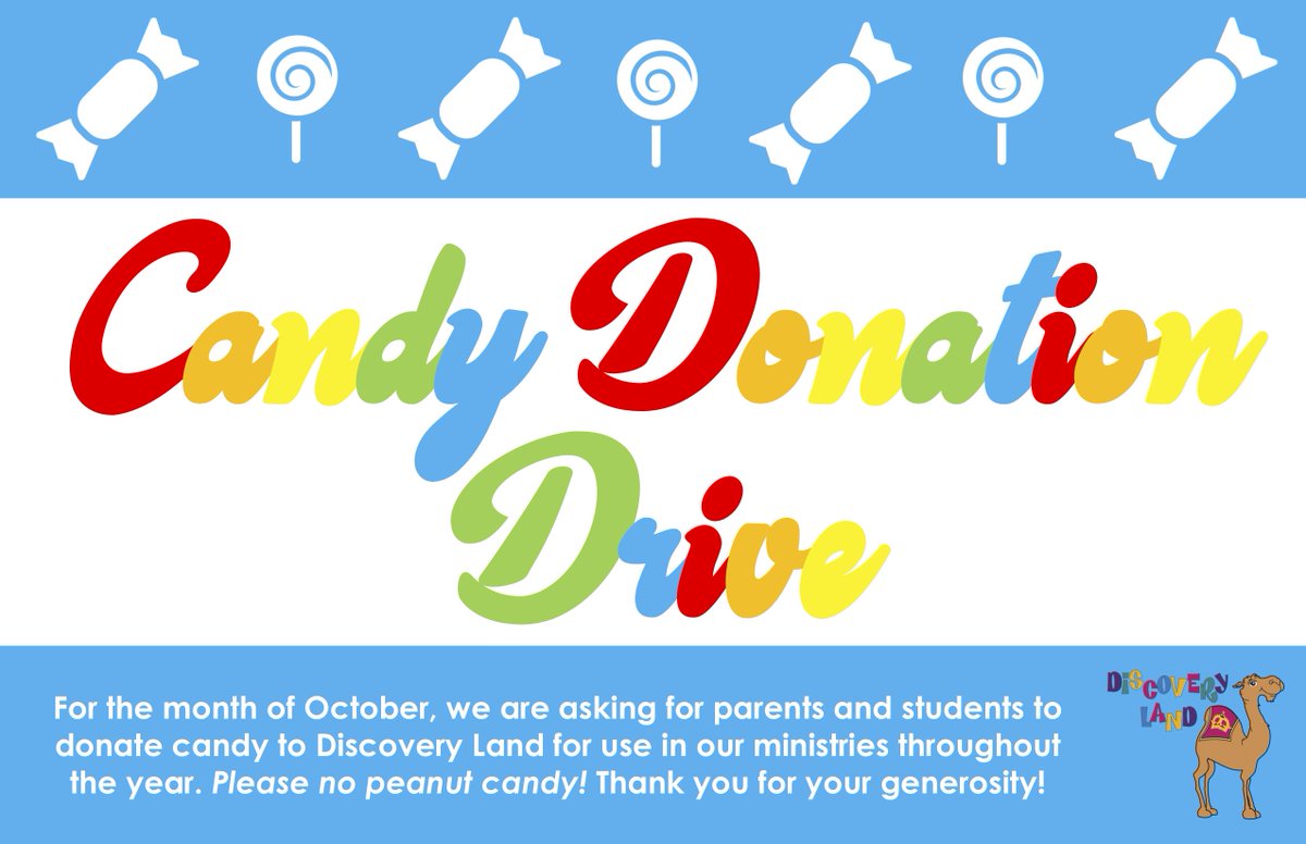 aacdl's tweet photo. For the month of October, we are asking for parents and students to donate candy to Discovery Land. Please no nuts! You can drop off all candy at the display in the East Hub of AAC, out in front of DL starting Sunday, October 6th. Thank you in advance for your generosity! https://t.co/ALPs1cp7cp