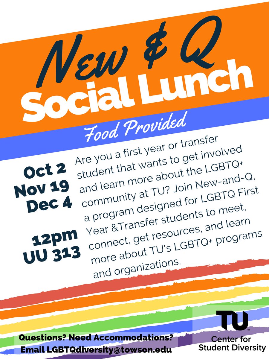 Are you a first year or transfer student that wants to get involved and learn more about the LGBTQ+ community at TU? Join us next TODAY at 12PM in the CSD (UU313) to meet other students, get resources, and learn more about TU's LGBTQ+ programs and organizations. FREE FOOD!