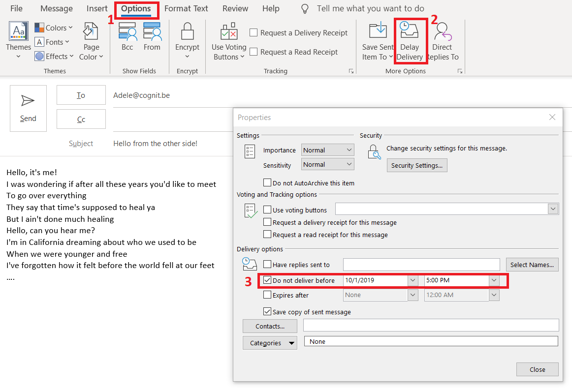 CognIT1's tweet photo. 💡#OutlookTip
Nu e-mail schrijven en in de toekomst versturen?
✍️Schrijf uw e-mail, ga dan naar het tabblad “Option”, klik op “Delay delivery”. Klik op "Do not deliver before:", voeg een datum en tijd in en klik vervolgens op “Close” en “Send” 

#cognit #collaboration https://t.co/lzo6Q8t1wf