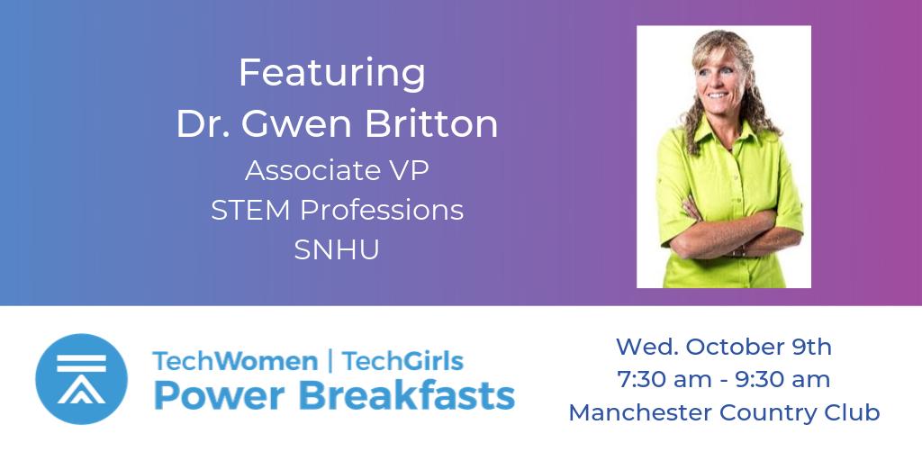 The next #TWPowerBreakfast will be held on Wed. Oct. 9th at the Manchester Country Club in Bedford. We are pleased to announce Dr. Gwen Britton as the guest speaker!  Meet Dr. Britton: buff.ly/2oIkoMc Register here: buff.ly/2mjEzPA