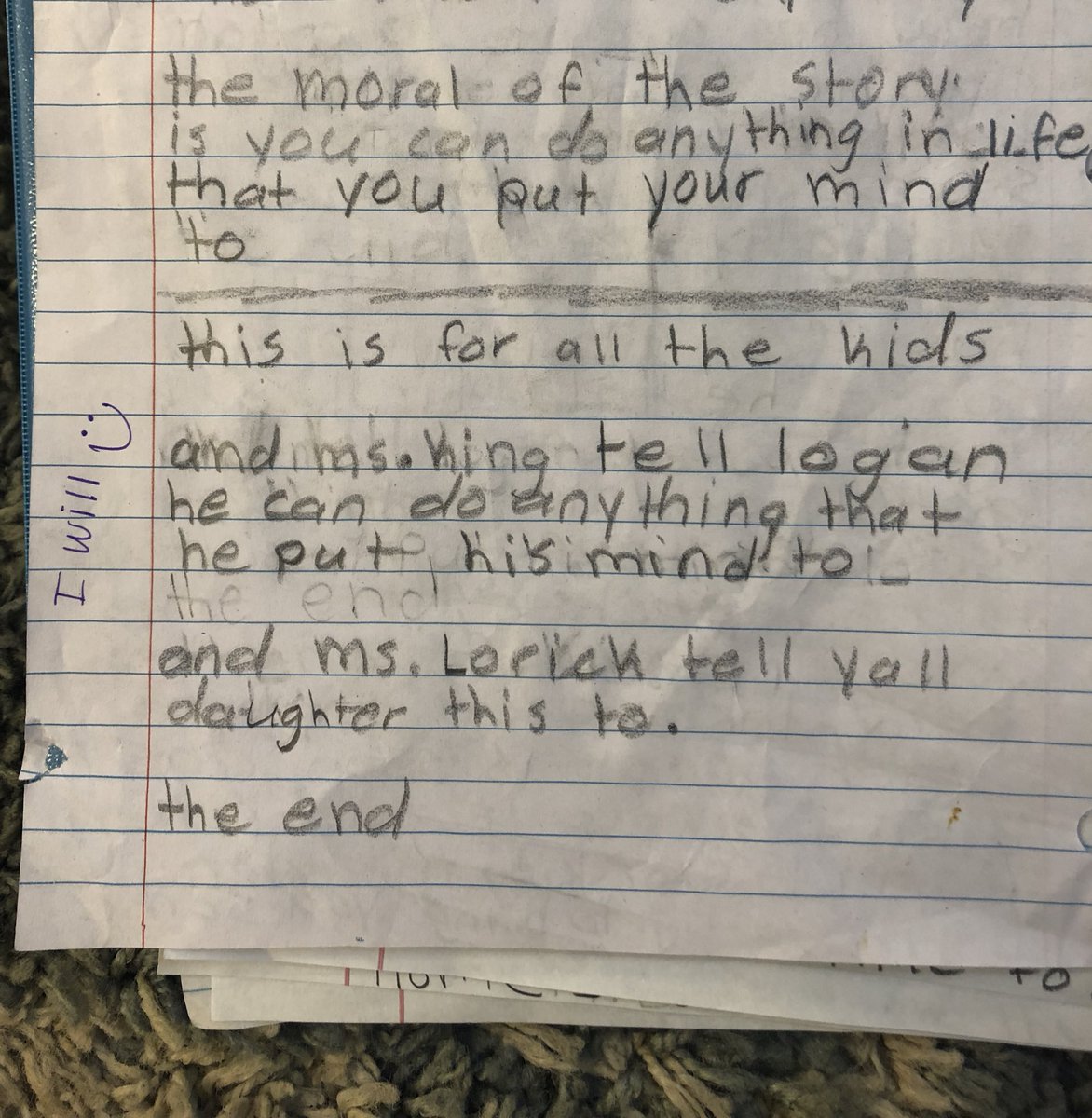 You never know what a student will take and run with— what was meant to be a quick write yesterday to experiment with setting turned into a 4 page story a student wrote at home. He even added a little note to my son :) #PrideIn5 #ThisIsLeaphart