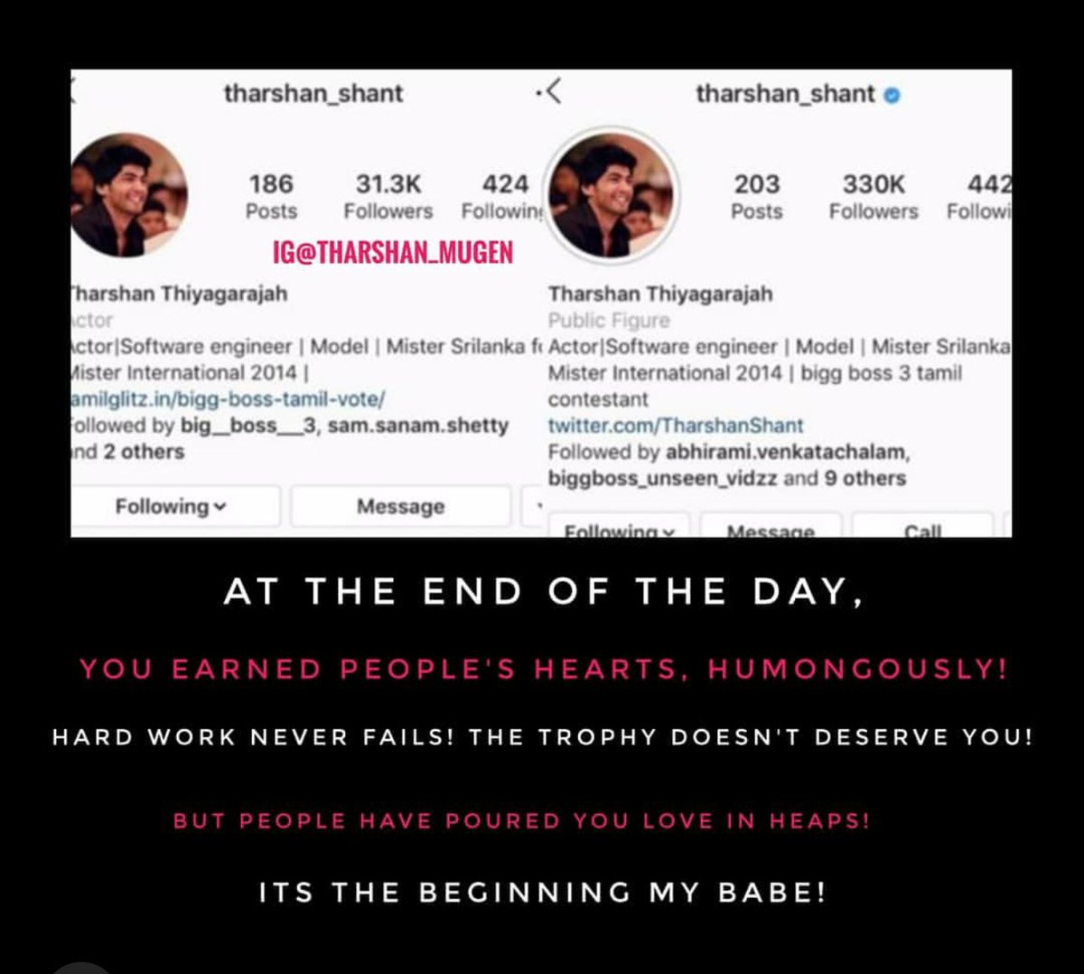 devi_believer's tweet photo. #Tharsh Anna 
This is the REAL LOVE u earned through BB u have stolen many hearts
See the change in followers 
#TharshanPeoplesChamp #TharshanTheRealWinner
#VoteForMugen
#BiggBossTamil #BiggBossTamil3 https://t.co/Ej5gb14CwA