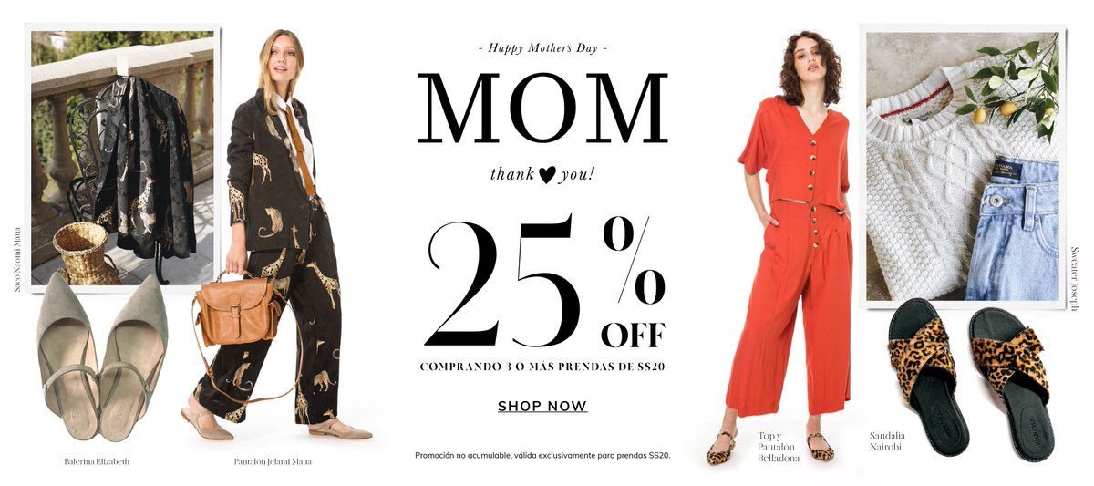 MOM Thank You! Happy Mother's Day!!!
Comprando 3 prendas o más 25% OFF! 
No acumulable con otros descuentos /promociones.
wanama.com/wanama/mujer.h…