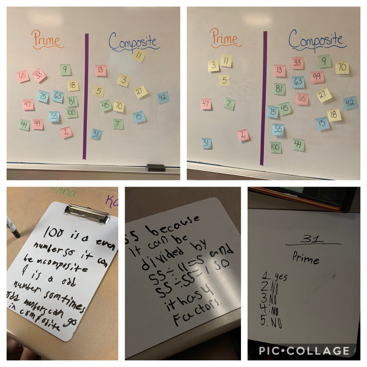Tiffo923's tweet photo. The first board is students’ predictions on prime and composite numbers. After some investigation, students worked in pairs to find an error. The second board is the final product...no pun intended! #iteachmath #mystudentsrock #justifiedtheiranswers @KarnsElem https://t.co/J7bUpfebAh