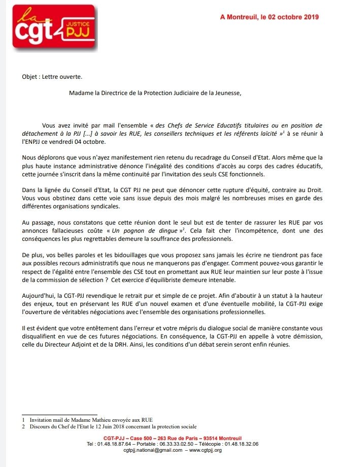 LETTRE OUVERTE à la Direction de la PJJ