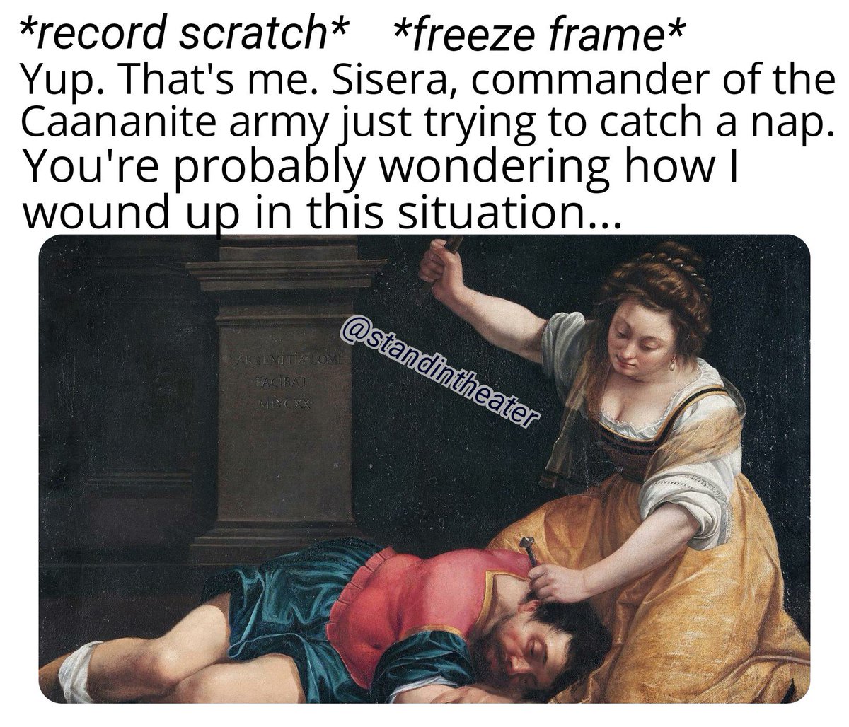 StandInTheater's tweet image. #girlpower 

#jael #sisera #judges #judges421 #deborah #barak #recordscratch #freezeframe #youreprobablywonderinghowigothere #biblestories #staywoke #impaled
#standintheater #tntpogbamtfbwy