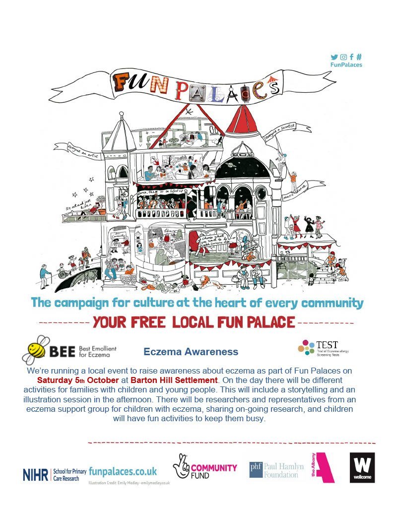 <a href="/FunPalaces/">Fun Palaces</a> <a href="/Fun_Bristol/">Fun Palaces Bristol</a> Don't miss the #Eczema Awareness #FunPalace organised by our #dermatology research team! 5 October at Barton Hill Settlement. bit.ly/2ornLXQ
<a href="/ShobaDawson/">Dr Shoba Dawson</a> <a href="/BristolHealthP/">Bristol Health Partners</a> <a href="/ARC_West/">NIHR Applied Research Collaboration (ARC) West</a> <a href="/BNSSGResearch/">NHS BNSSG ICB Clinical Effectiveness & Research 💙</a> @crnwestengland <a href="/BristolUni/">University of Bristol</a> <a href="/BristolCouncil/">Bristol City Council</a> @BHillSettlement <a href="/DrVictoriaW/">Victoria Wilson</a>