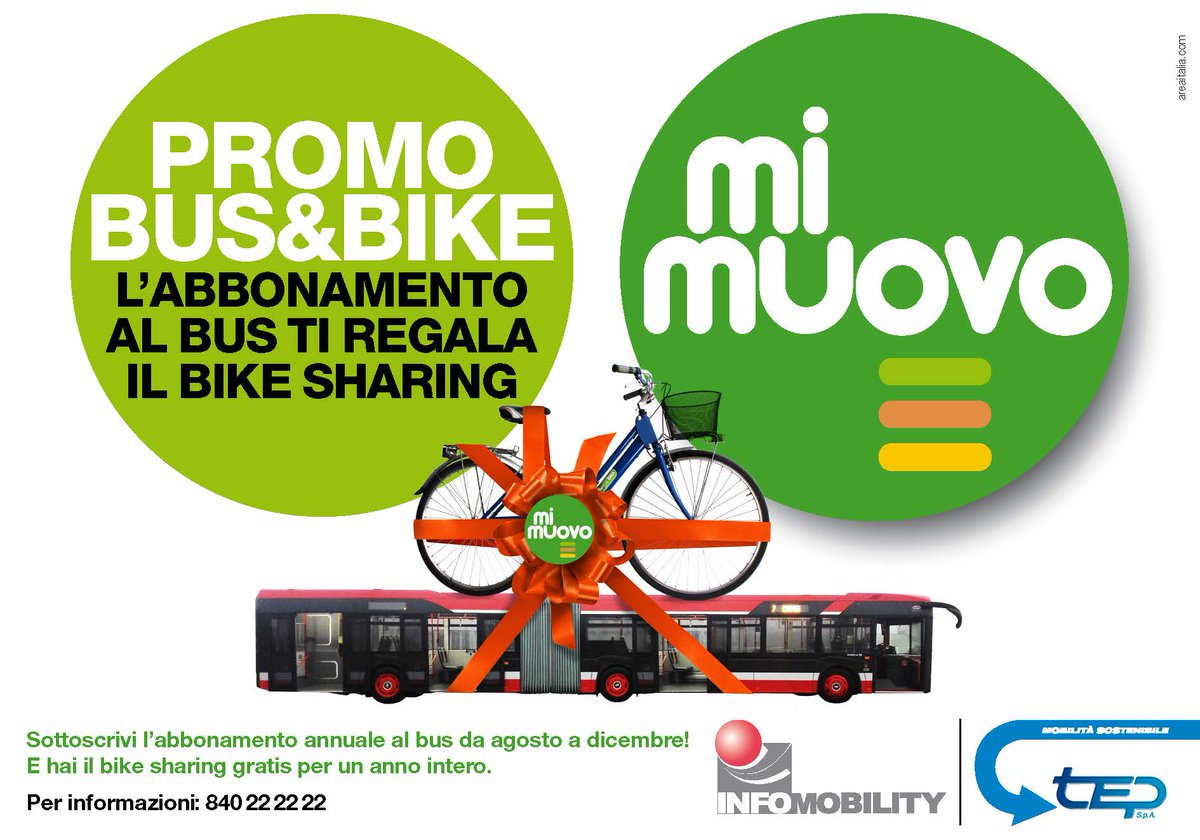 #ecoconsiglio

Abbonati al BUS e ricevi GRATIS l'abbonamento al BIKE SHARING! Approfitta della promozione, hai tempo fino a dicembre.
Muoversi sostenibile conviene.

Per informazioni: 840 22 22 22
#bikesharing #bus #mobilitasostenibile